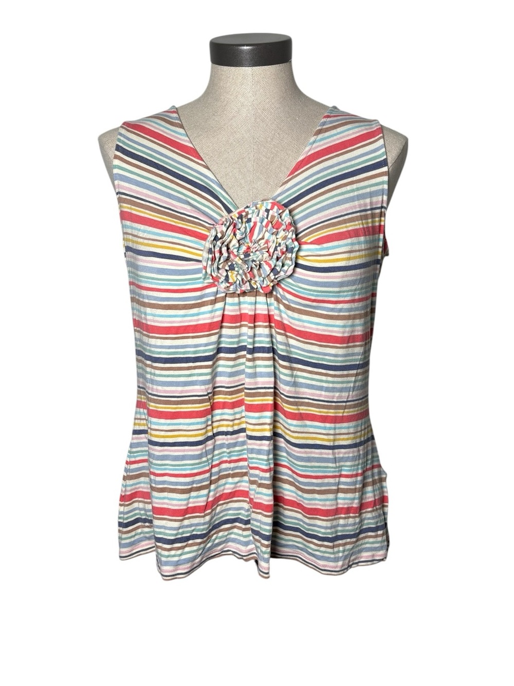 Boden Striped Rosette Tank Top Size 12 Multicolor Y2K Sleeveless V Neck